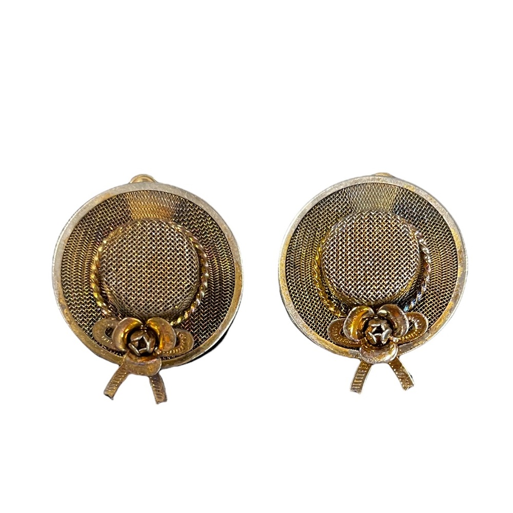 Vintage Mesh Wide Brim Sun Hat Earrings with Bow Ribbon  Post Earrings